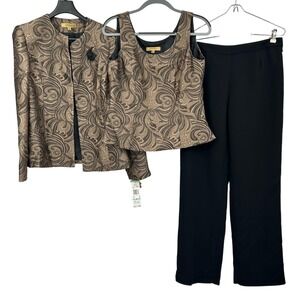 Kasper Womens 3pc Suit Set 8 Gold Black Brocade Jacket Shell Pants Professional